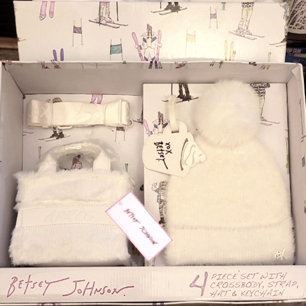 Betsey Johnson White 4-Piece Set with Croaking, Strap, Hat, and Keychain NIB